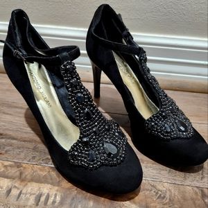 Antonio Melani Black Suede T-strap Heels